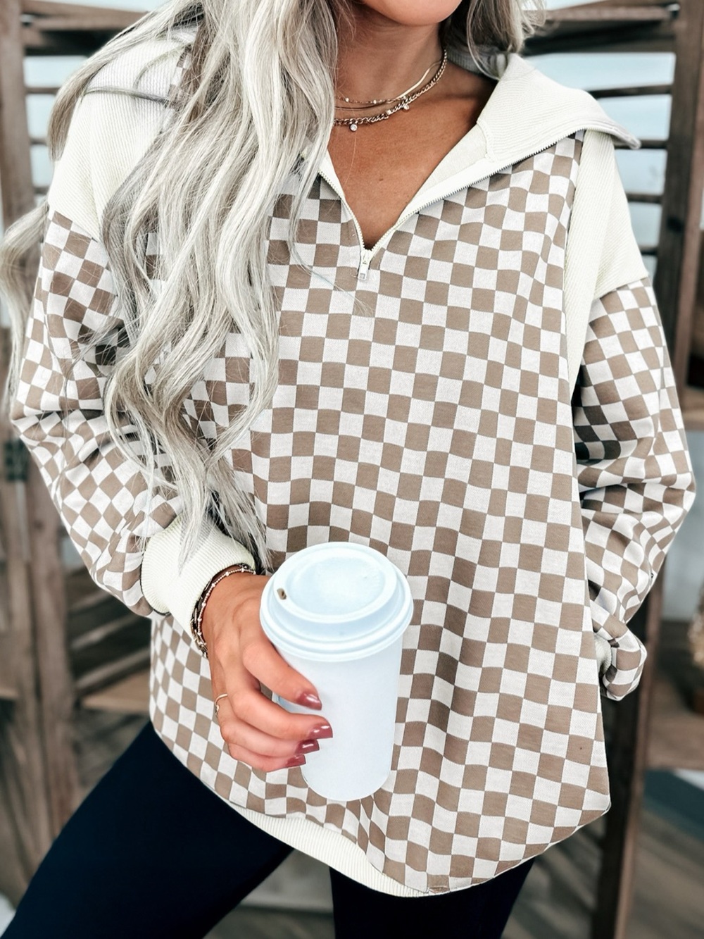 Checkered Quarter Zip Sweatshirt